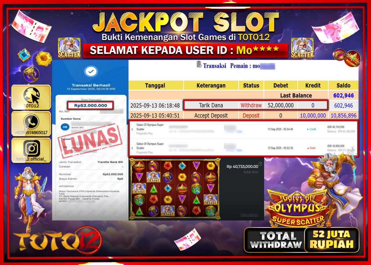 HANYA DI TOTO12 JP PASTI DI BAYAR LUNAS DAN CEPAT!!!!!! JACKPOT SLOT GAME (GATES OF OLYMPUS SUPER SCATTER) Rp.52.000.000 !!!!