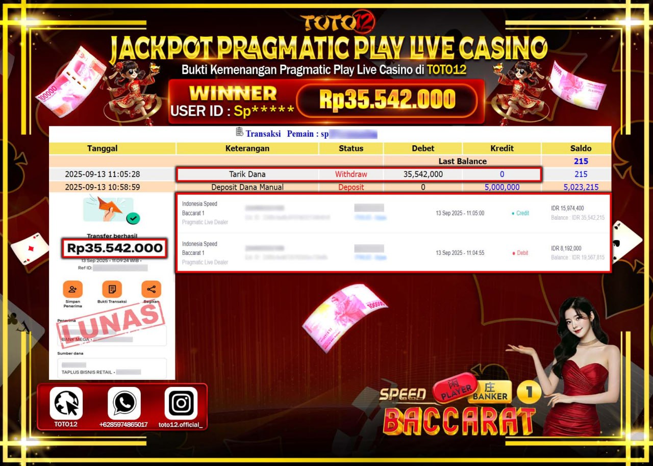 HANYA DI TOTO12 JP PASTI DI BAYAR LUNAS DAN CEPAT!!!!!! JACKPOT PRAGMATIC PLAY LIVE CASINO (INDONESIA SPEED BACCARAT 1) Rp.35.542.000 !!!!