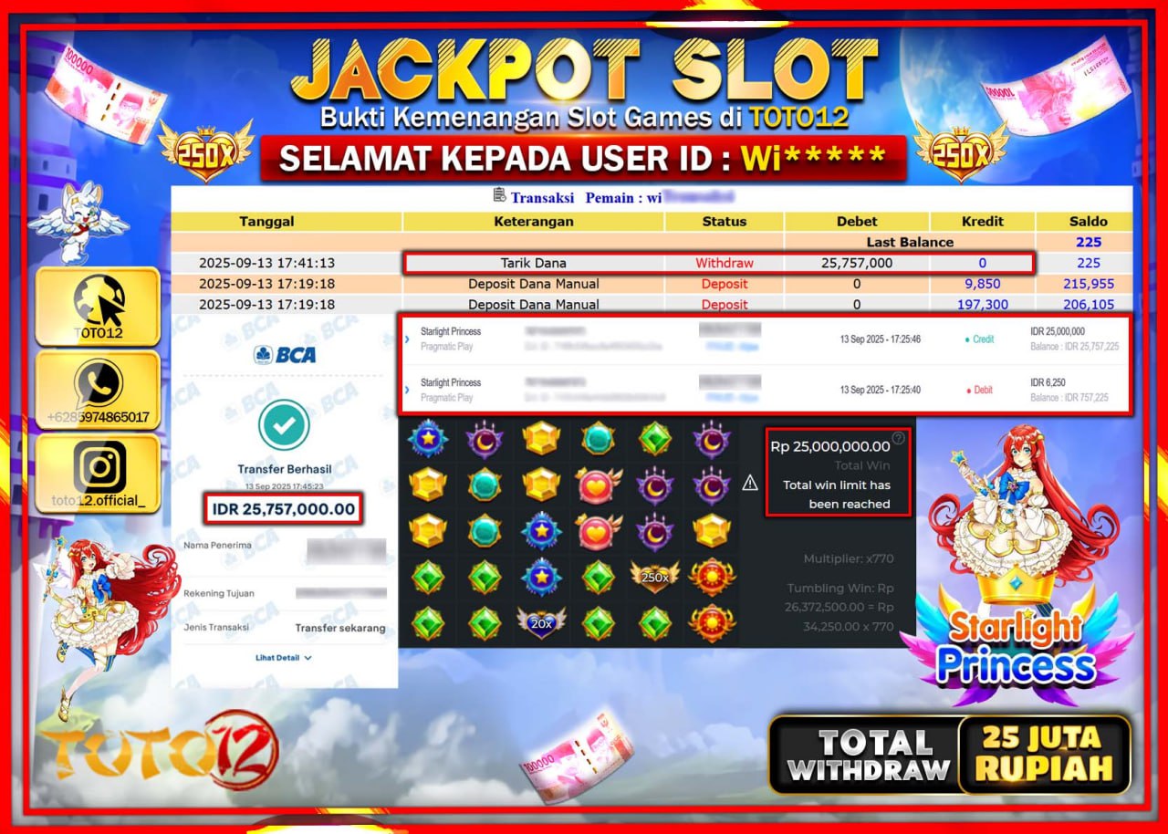 HANYA DI TOTO12 JP PASTI DI BAYAR LUNAS DAN CEPAT!!!!!! JACKPOT SLOT GAME (STARLIGHT PRINCESS) Rp.25.757.000 !!!!