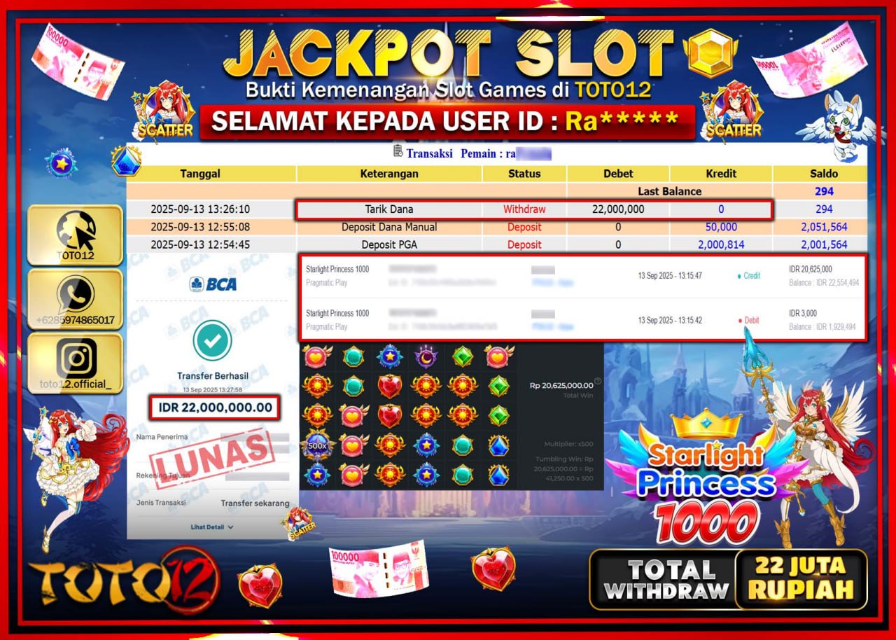 HANYA DI TOTO12 JP PASTI DI BAYAR LUNAS DAN CEPAT!!!!!! JACKPOT SLOT GAME (STARLIGHT PRINCESS 1000) Rp.22.000.000 !!!!