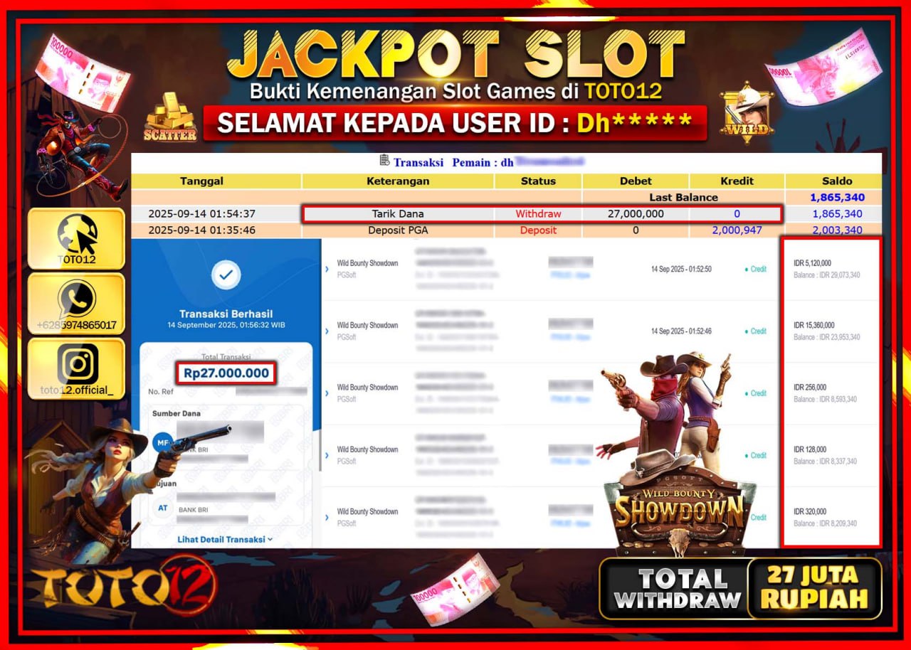 HANYA DI TOTO12 JP PASTI DI BAYAR LUNAS DAN CEPAT!!!!!! JACKPOT SLOT GAME (WILD BOUNTY SHOWDOWN) Rp.27.000.000 !!!!