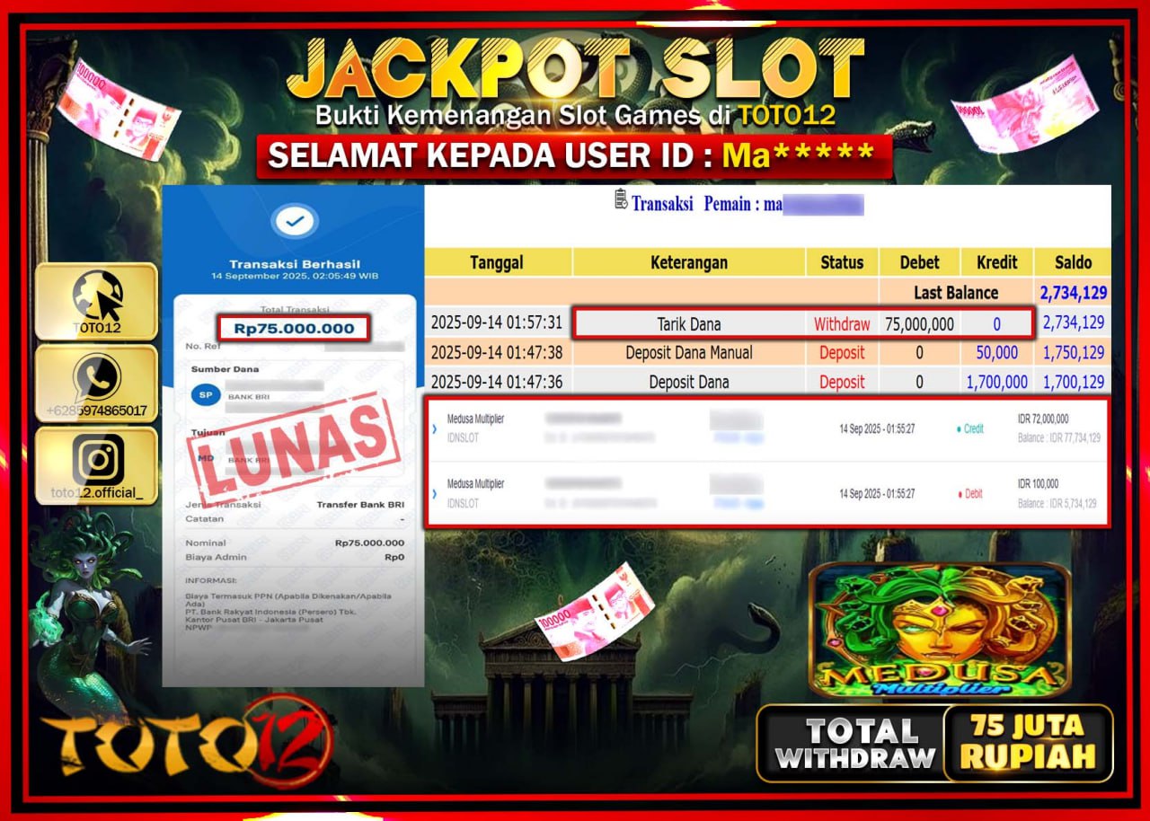 HANYA DI TOTO12 JP PASTI DI BAYAR LUNAS DAN CEPAT!!!!!! JACKPOT SLOT GAME (MEDUSA MULTIPLIER) Rp.75.000.000 !!!!