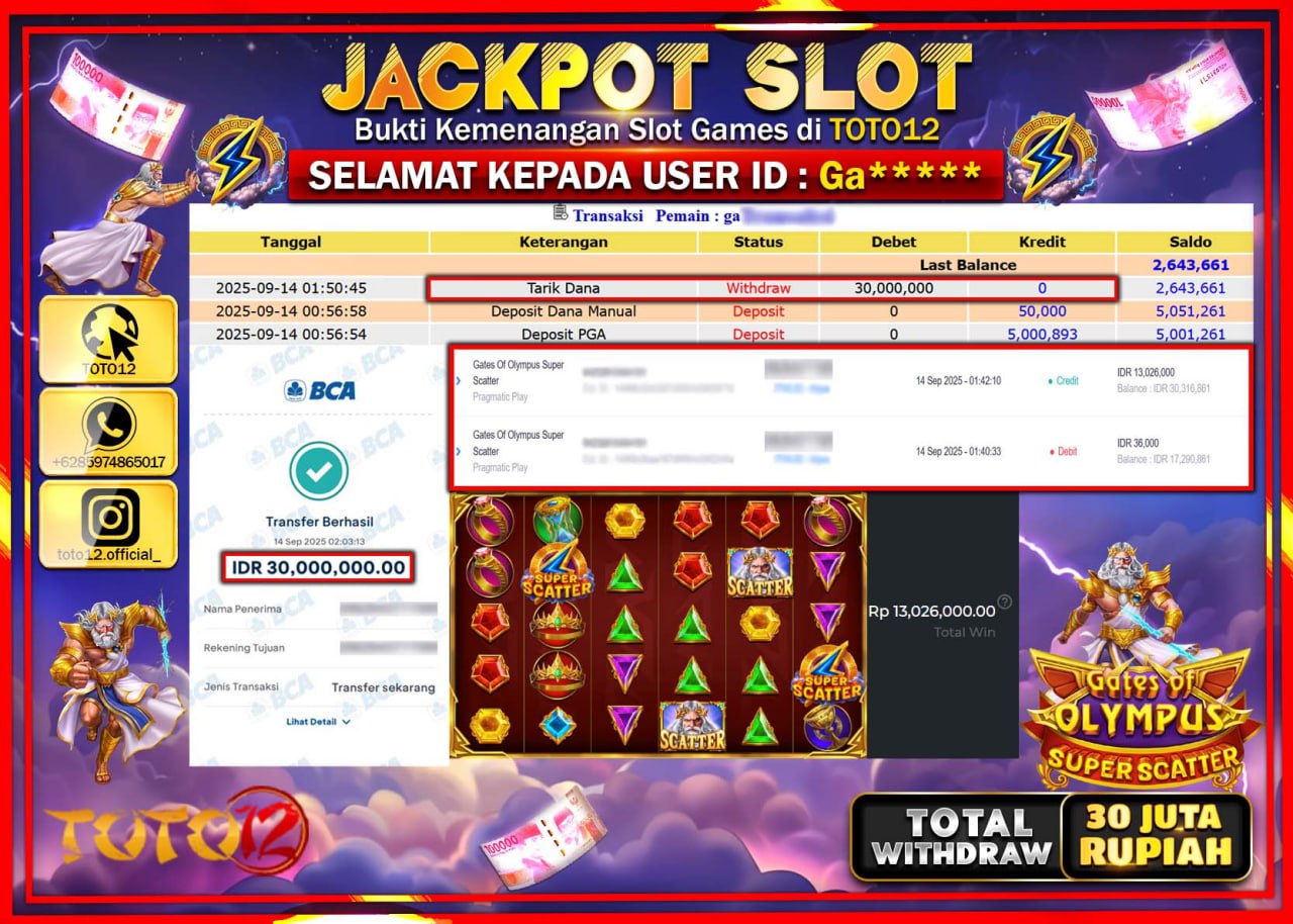 HANYA DI TOTO12 JP PASTI DI BAYAR LUNAS DAN CEPAT!!!!!! JACKPOT SLOT GAME (GATES OF OLYMPUS SUPER SCATTER) Rp.30.000.000 !!!!