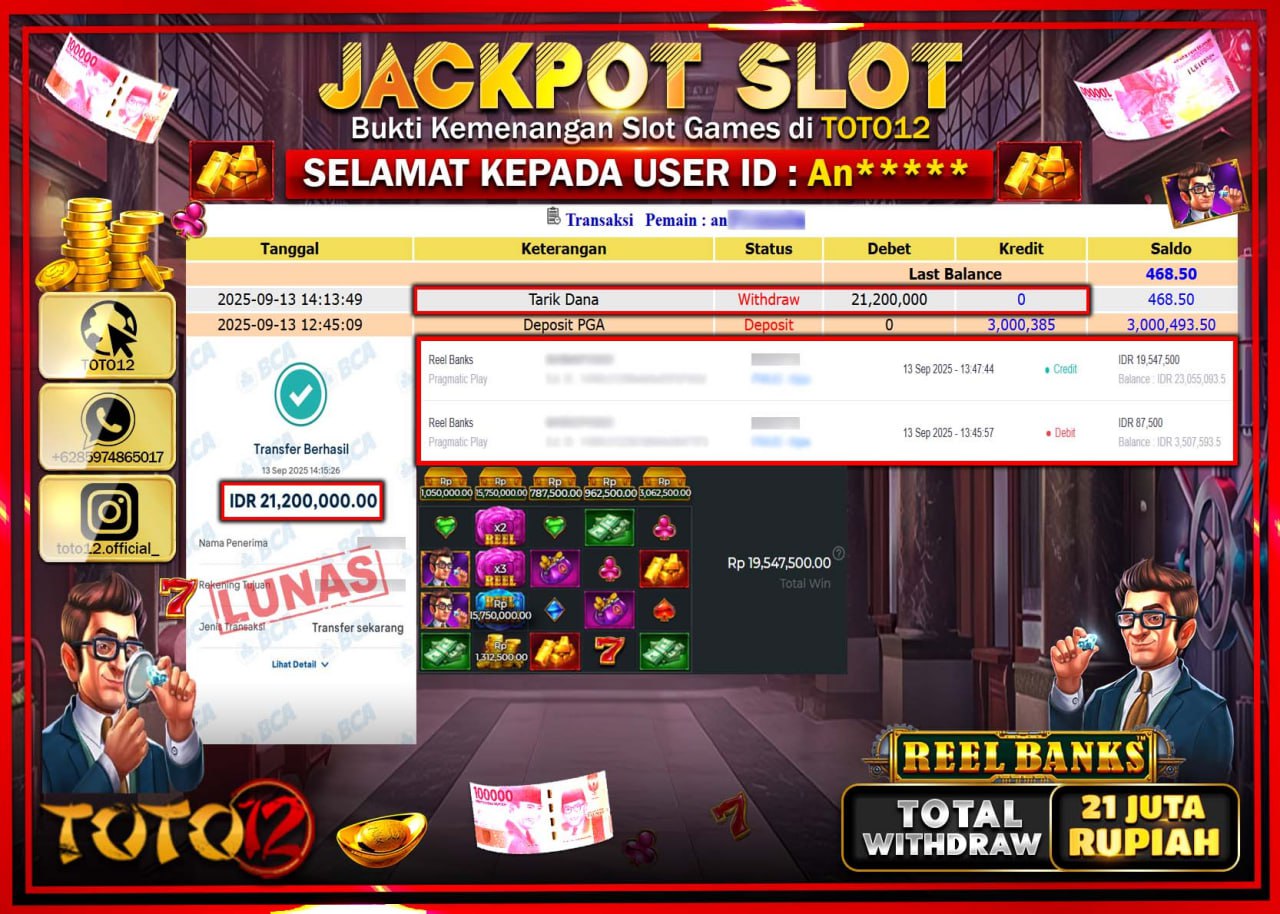 HANYA DI TOTO12 JP PASTI DI BAYAR LUNAS DAN CEPAT!!!!!! JACKPOT SLOT GAME (REEL BANKS) Rp.21.200.000 !!!!