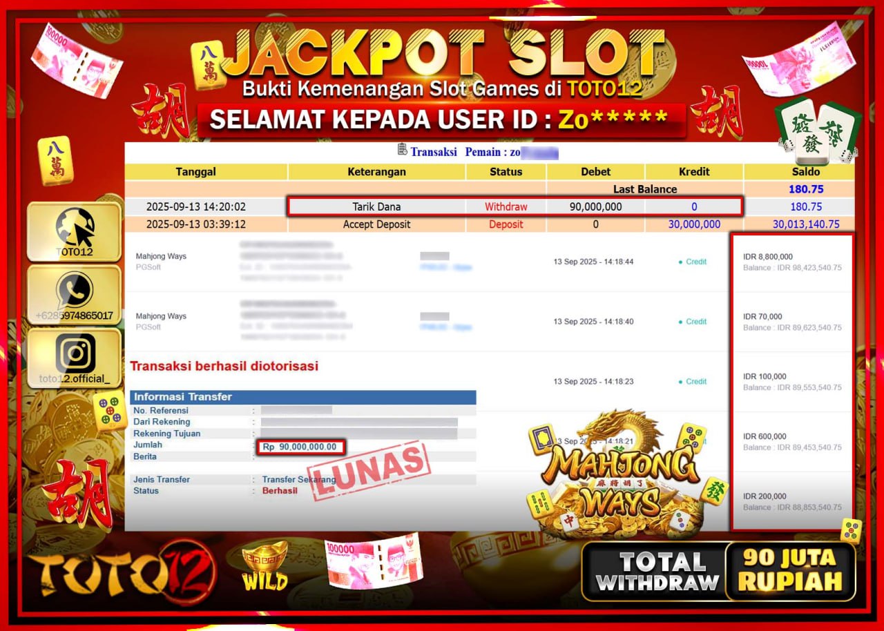 =HANYA DI TOTO12 JP PASTI DI BAYAR LUNAS DAN CEPAT!!!!!! JACKPOT SLOT GAME (MAHJONG WAYS) Rp.90.000.000 !!!!
