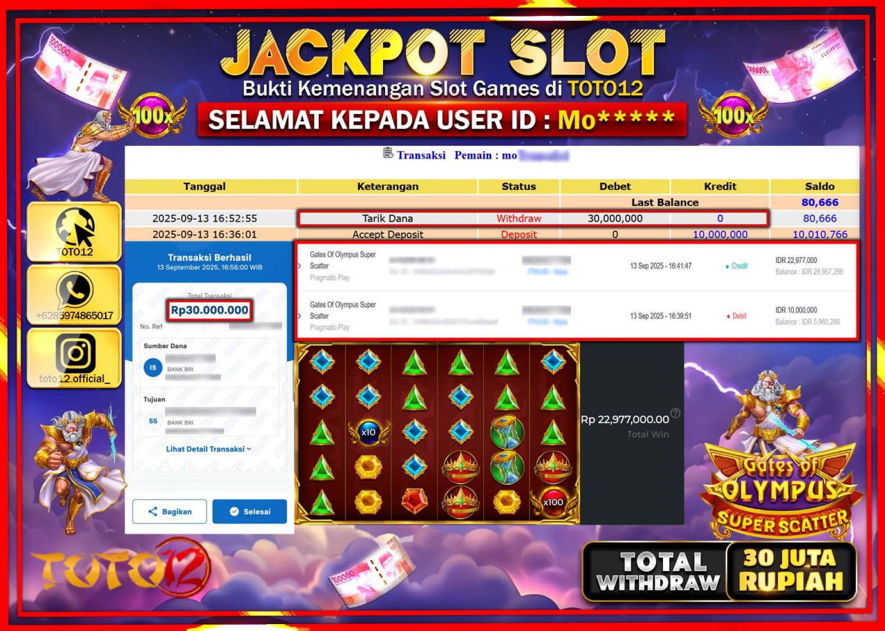 HANYA DI TOTO12 JP PASTI DI BAYAR LUNAS DAN CEPAT!!!!!! JACKPOT SLOT GAME (GATES OF OLYMPUS SUPER SCATTER) Rp.30.000.000 !!!!