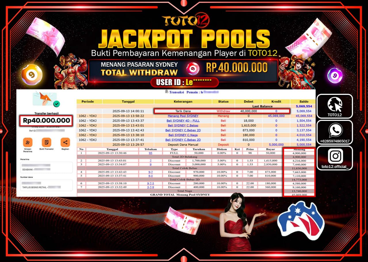 HANYA DI TOTO12 JP PASTI DI BAYAR LUNAS DAN CEPAT!!!!!! JACKPOT POOLS PASARAN (SYDNEY) Rp.40.000.000 !!!!