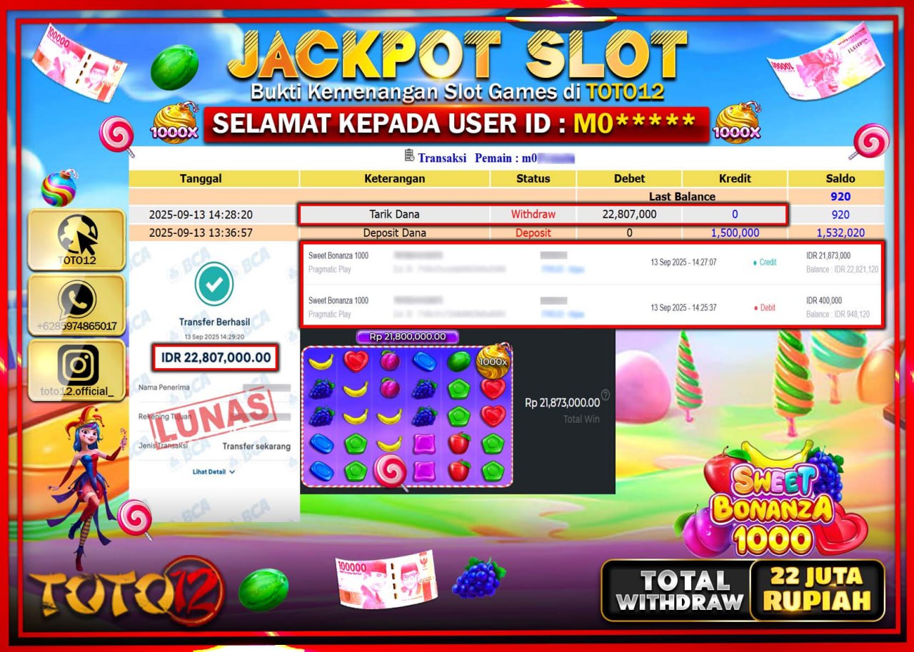 HANYA DI TOTO12 JP PASTI DI BAYAR LUNAS DAN CEPAT!!!!!! JACKPOT SLOT GAME (SWEET BONANZA 1000) Rp.22.807.000 !!!!