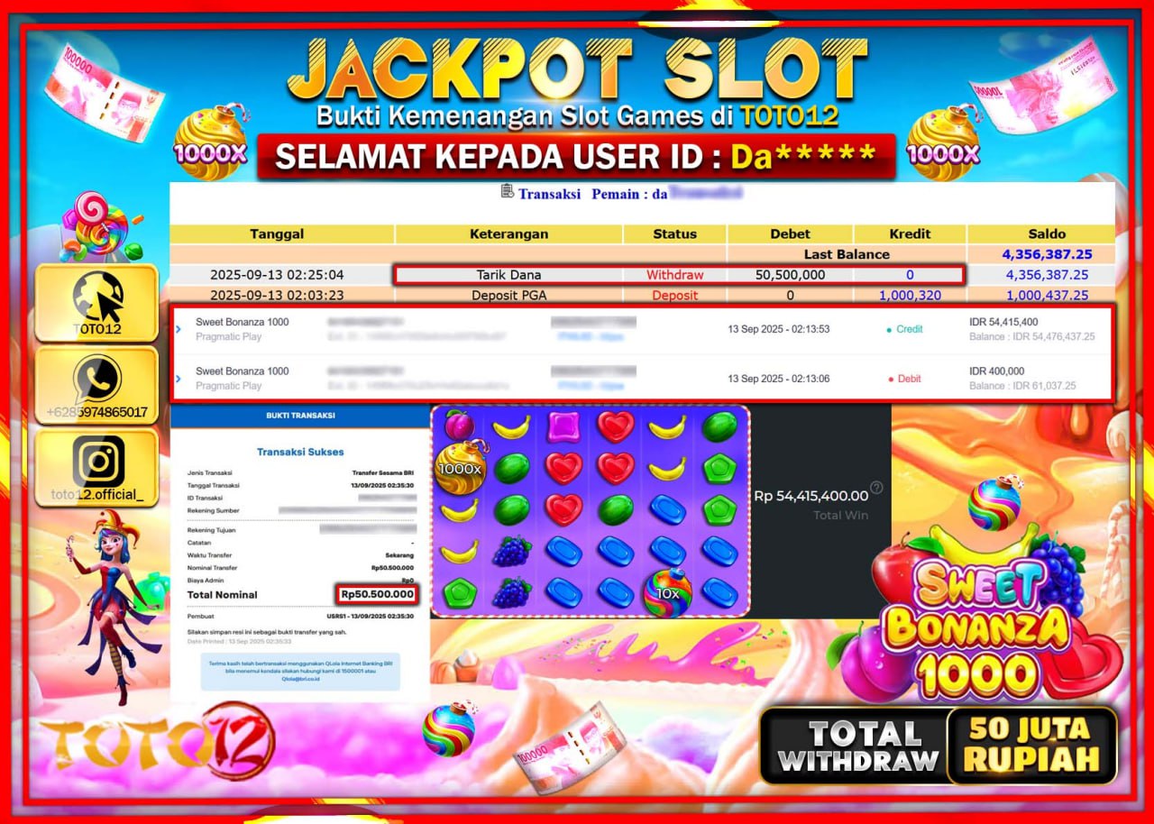 HANYA DI TOTO12 JP PASTI DI BAYAR LUNAS DAN CEPAT!!!!!! JACKPOT SLOT GAME (SWEET BONANZA 1000) Rp.50.500.000 !!!!