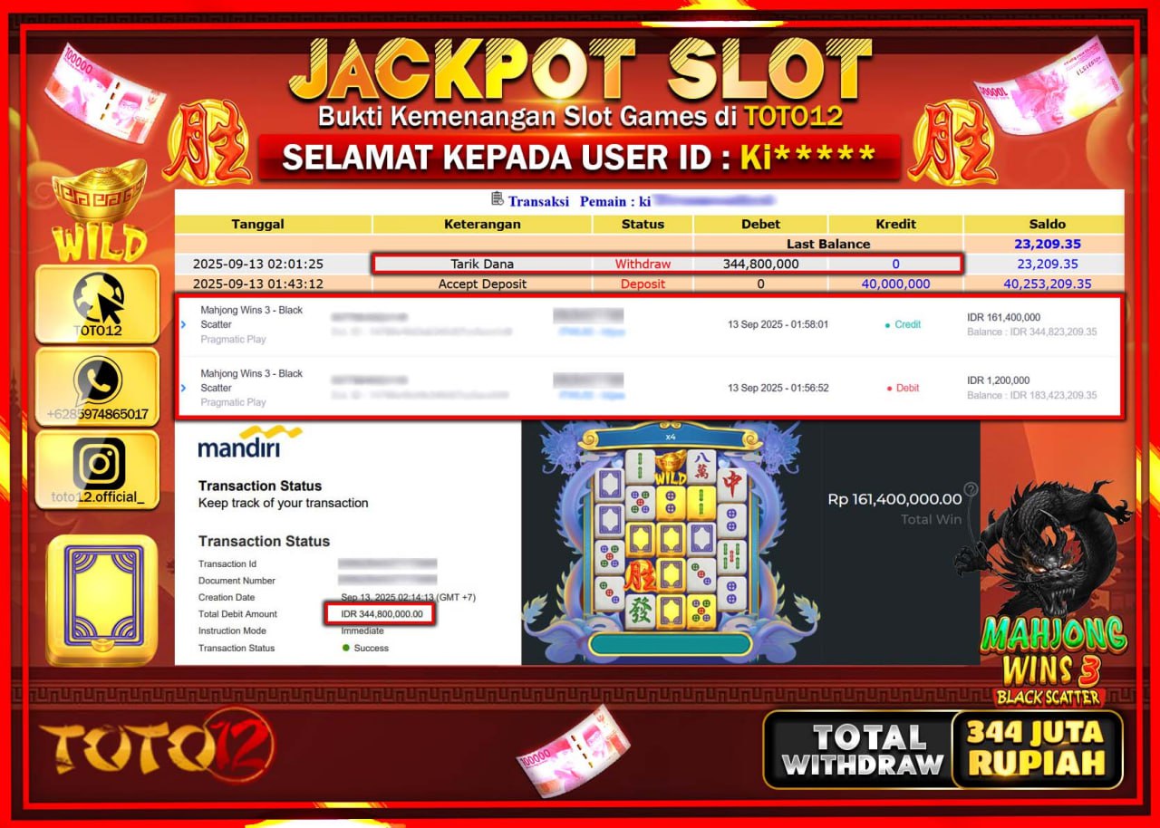 HANYA DI TOTO12 JP PASTI DI BAYAR LUNAS DAN CEPAT!!!!!! JACKPOT SLOT GAME (MAHJONG WINS 3 BLACK SCATTER) Rp.344.800.000 !!!!