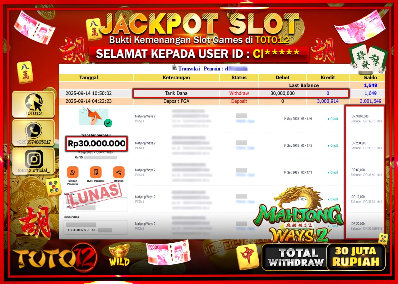 HANYA DI TOTO12 JP PASTI DI BAYAR LUNAS DAN CEPAT!!!!!! JACKPOT SLOT GAME (MAHJONG WAYS 2) Rp.30.000.000 !!!!
