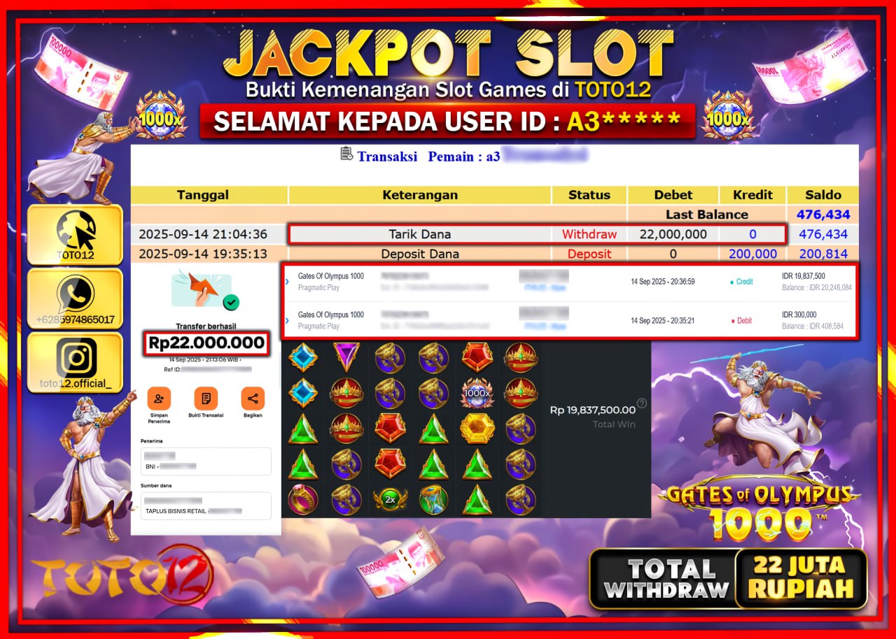 HANYA DI TOTO12 JP PASTI DI BAYAR LUNAS DAN CEPAT!!!!!! JACKPOT SLOT GAME (GATES OF OLYMPUS 1000) Rp.22.000.000 !!!!