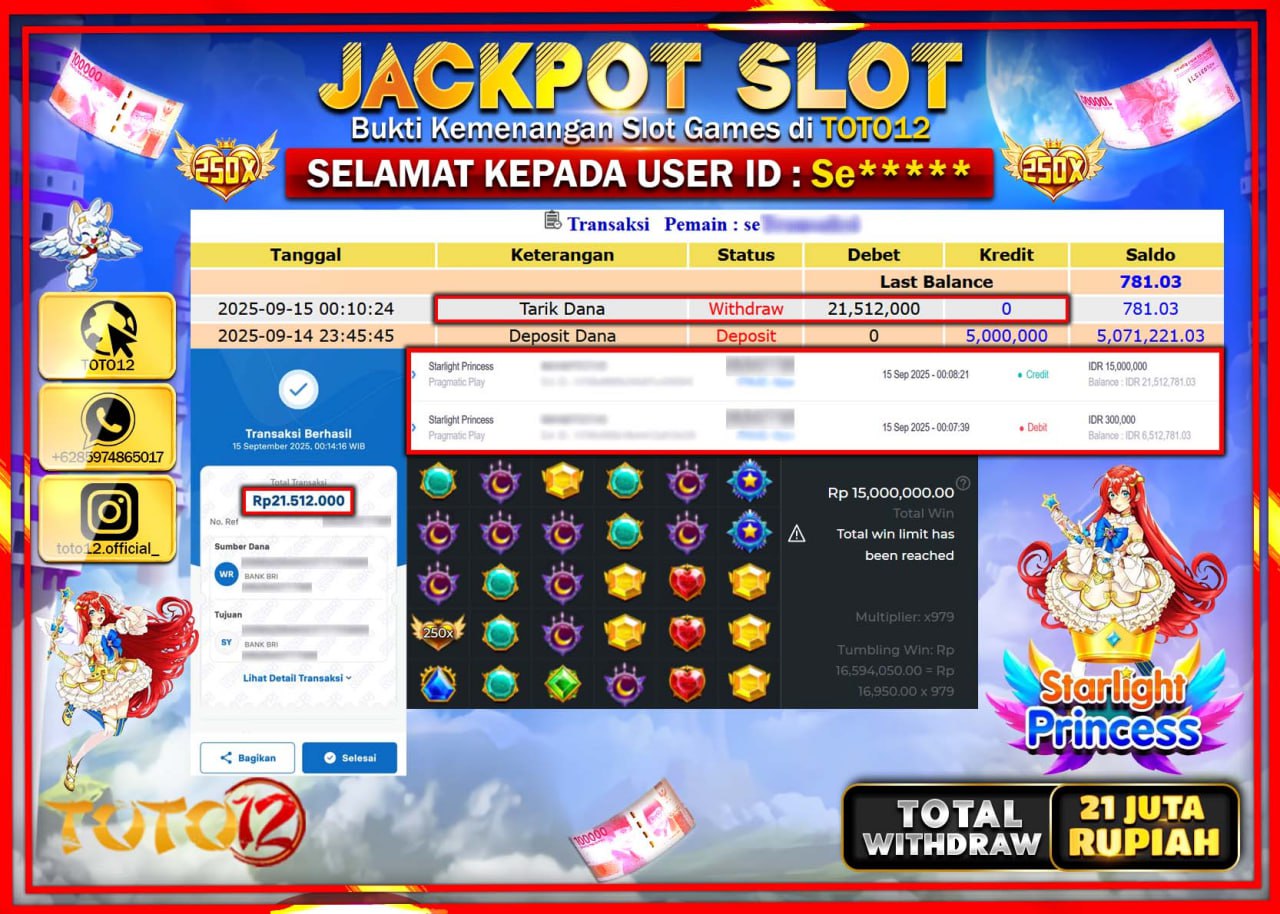 HANYA DI TOTO12 JP PASTI DI BAYAR LUNAS DAN CEPAT!!!!!! JACKPOT SLOT GAME (STARLIGHT PRINCESS) Rp.21.512.000 !!!!