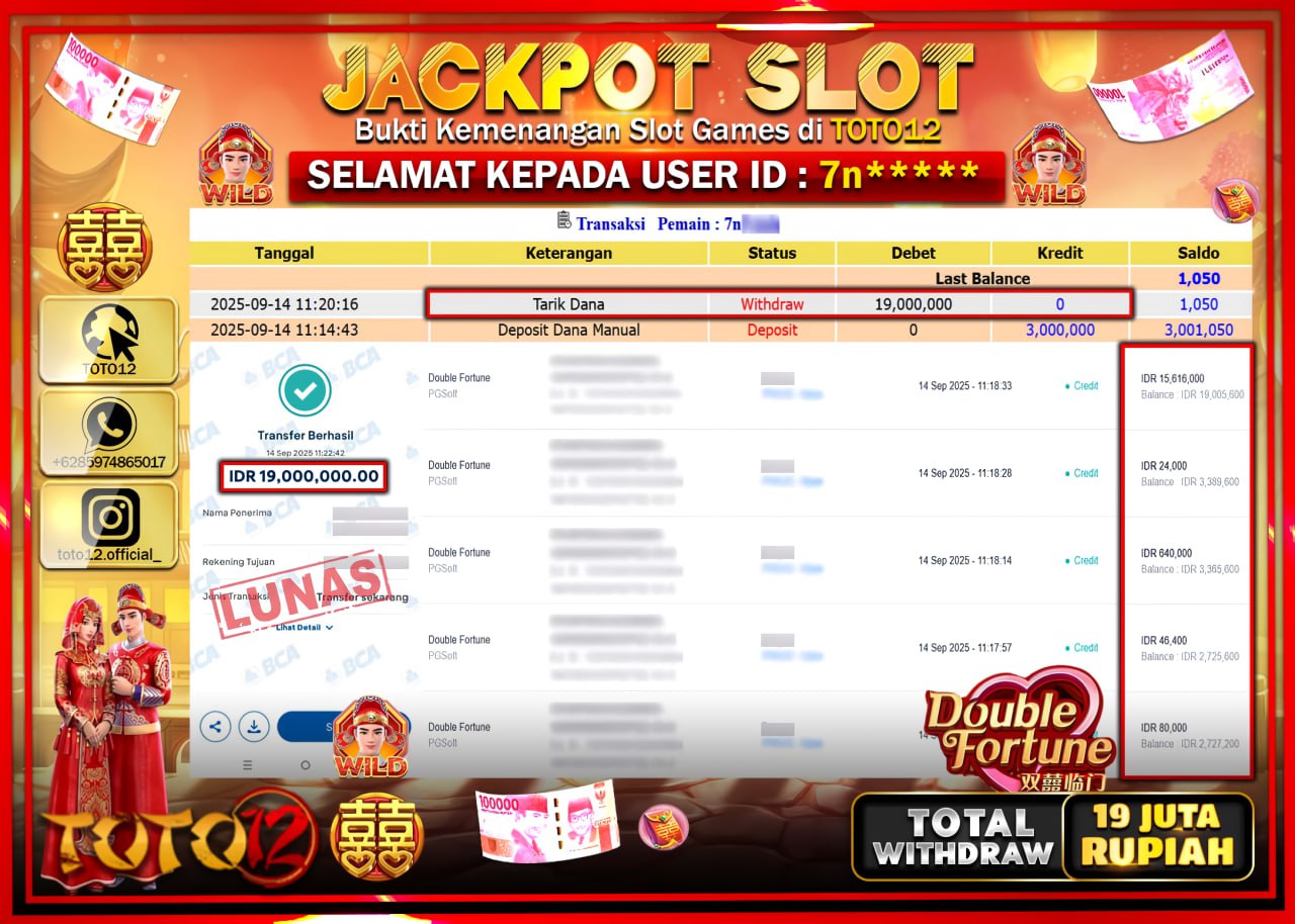 HANYA DI TOTO12 JP PASTI DI BAYAR LUNAS DAN CEPAT!!!!!! JACKPOT SLOT GAME (DOUBLE FORTUNE) Rp.19.000.000 !!!!