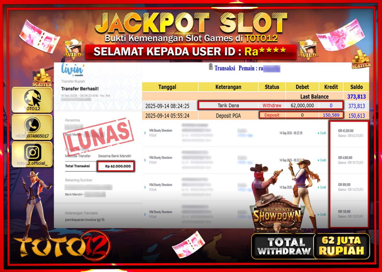 HANYA DI TOTO12 JP PASTI DI BAYAR LUNAS DAN CEPAT!!!!!! JACKPOT SLOT GAME (WILD BOUNTY SHOWDOWN) Rp.62.000.000 !!!!