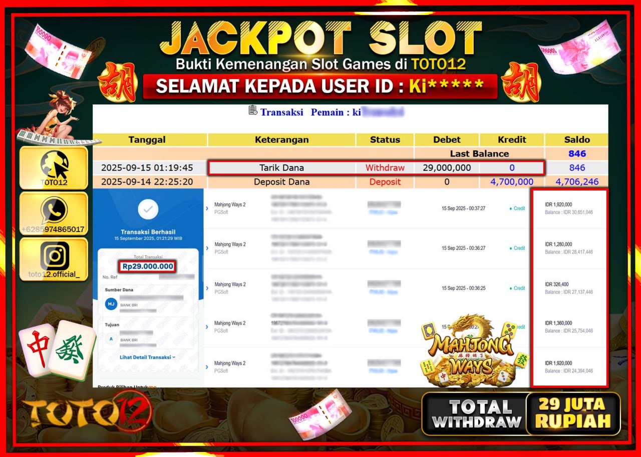 HANYA DI TOTO12 JP PASTI DI BAYAR LUNAS DAN CEPAT!!!!!! JACKPOT SLOT GAME (MAHJONG WAYS) Rp.29.000.000 !!!!