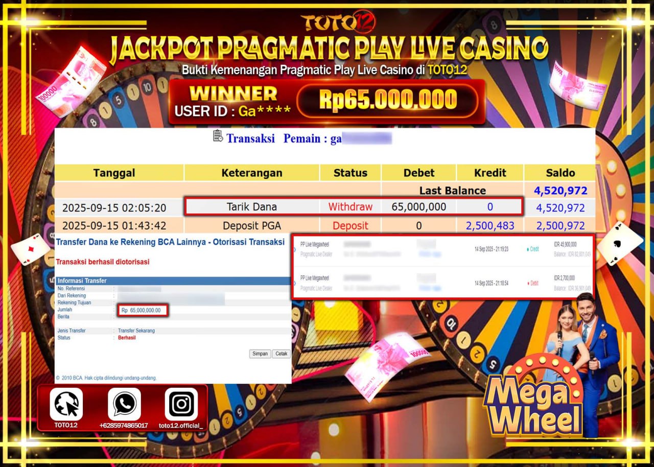 HANYA DI TOTO12 JP PASTI DI BAYAR LUNAS DAN CEPAT!!!!!! JACKPOT PRAGMATIC PLAY LIVE CASINO (MEGA WHEEL) Rp.65.000.000 !!!!