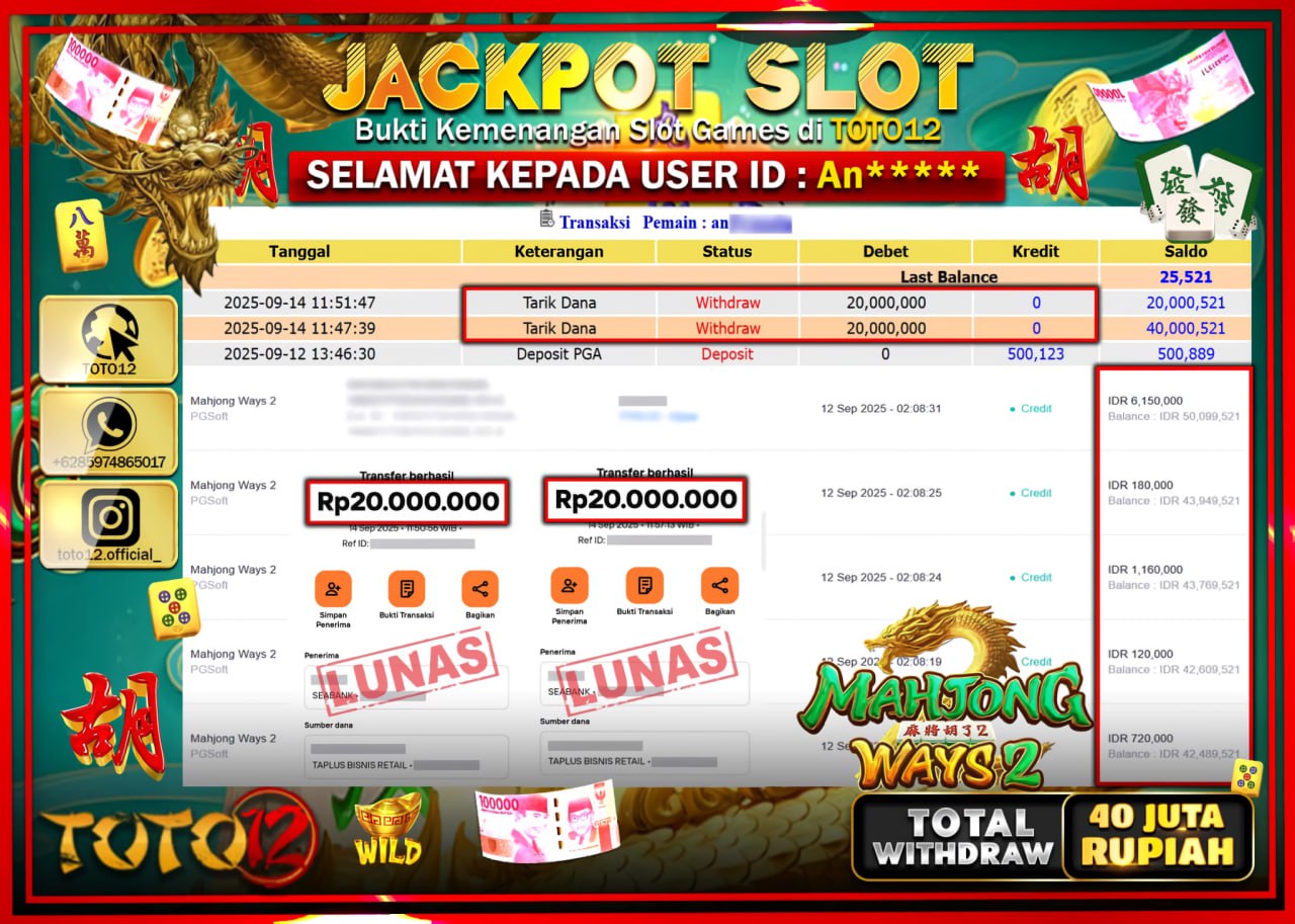 HANYA DI TOTO12 JP PASTI DI BAYAR LUNAS DAN CEPAT!!!!!! JACKPOT SLOT GAME (MAHJONG WAYS 2) Rp.40.000.000 !!!!