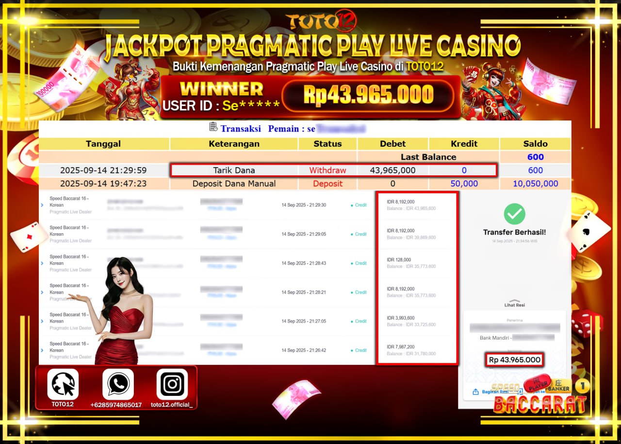 HANYA DI TOTO12 JP PASTI DI BAYAR LUNAS DAN CEPAT!!!!!! JACKPOT PRAGMATIC PLAY LIVE CASINO (SPEED BACCARAT KOREAN) Rp.43.965.000 !!!!