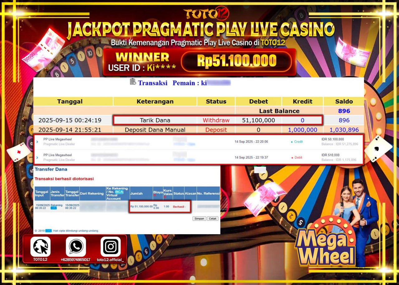 HANYA DI TOTO12 JP PASTI DI BAYAR LUNAS DAN CEPAT!!!!!! JACKPOT PRAGMATIC PLAY LIVE CASINO (MEGA WHEEL) Rp.51.100.000 !!!!