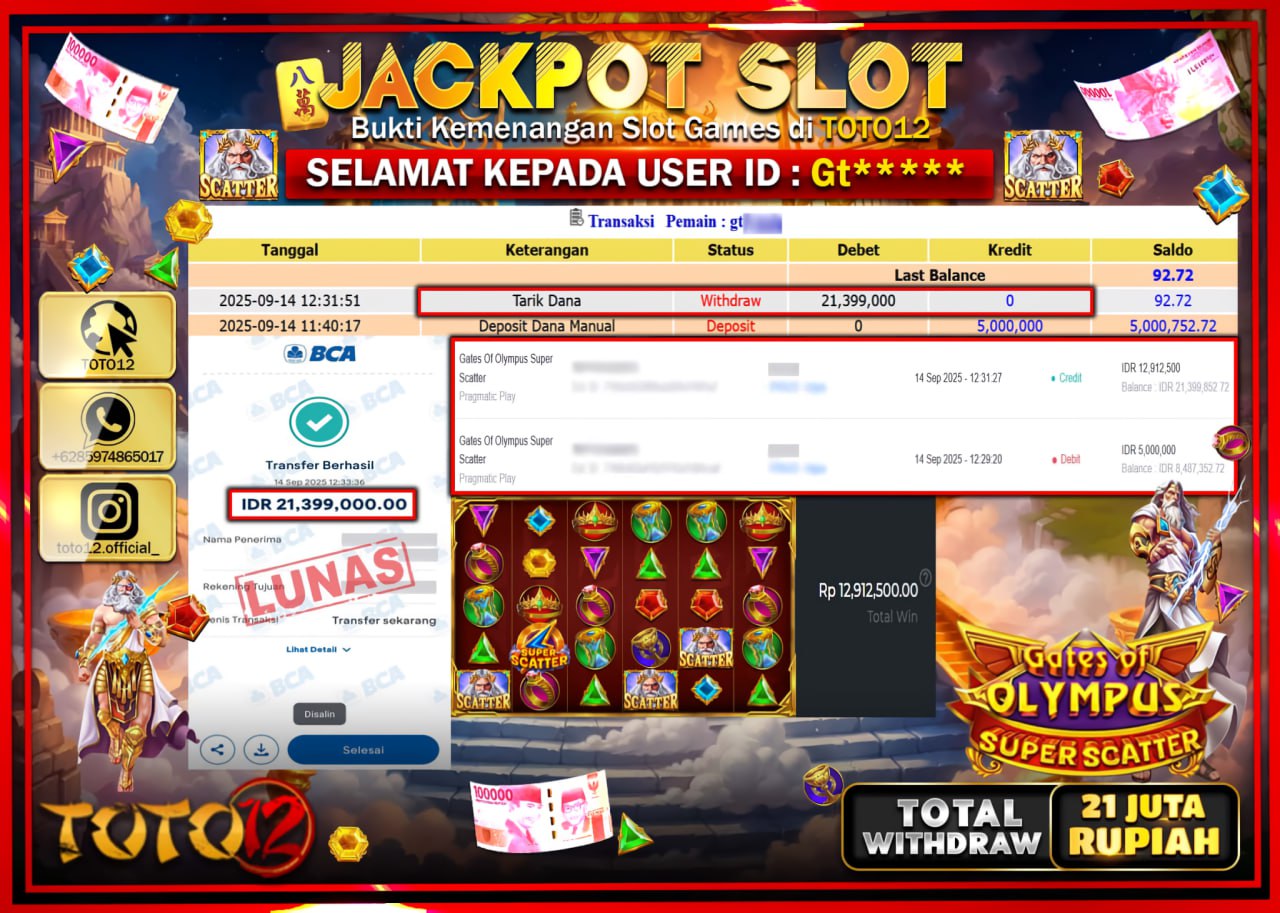 HANYA DI TOTO12 JP PASTI DI BAYAR LUNAS DAN CEPAT!!!!!! JACKPOT SLOT GAME (GATES OF OLYMPUS SUPER SCATTER) Rp.21.399.000 !!!!