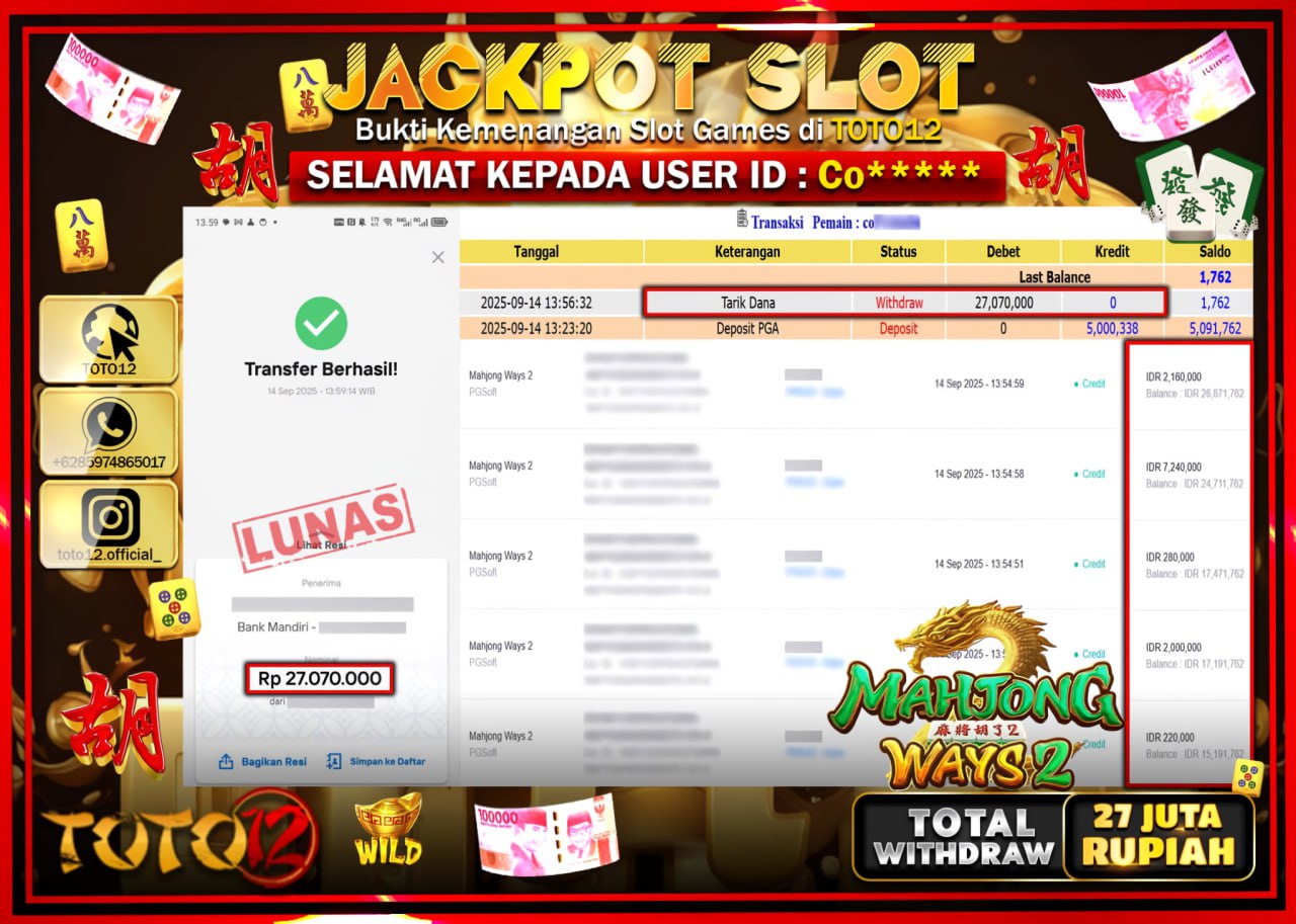 HANYA DI TOTO12 JP PASTI DI BAYAR LUNAS DAN CEPAT!!!!!! JACKPOT SLOT GAME (MAHJONG WAYS 2) Rp.27.070.000 !!!!
