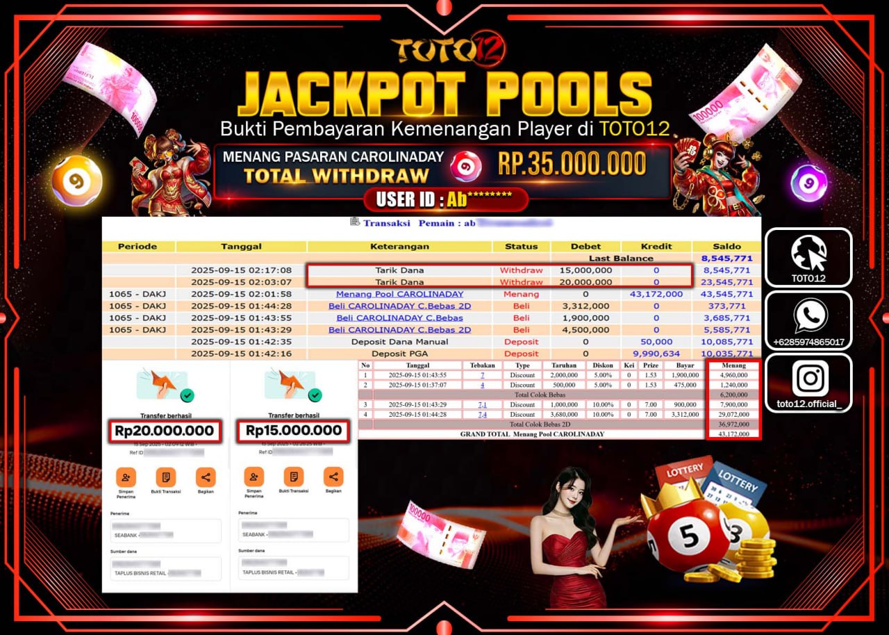 HANYA DI TOTO12 JP PASTI DI BAYAR LUNAS DAN CEPAT!!!!!! JACKPOT POOLS PASARAN (CAROLINADAY) Rp.35.000.000 !!!!
