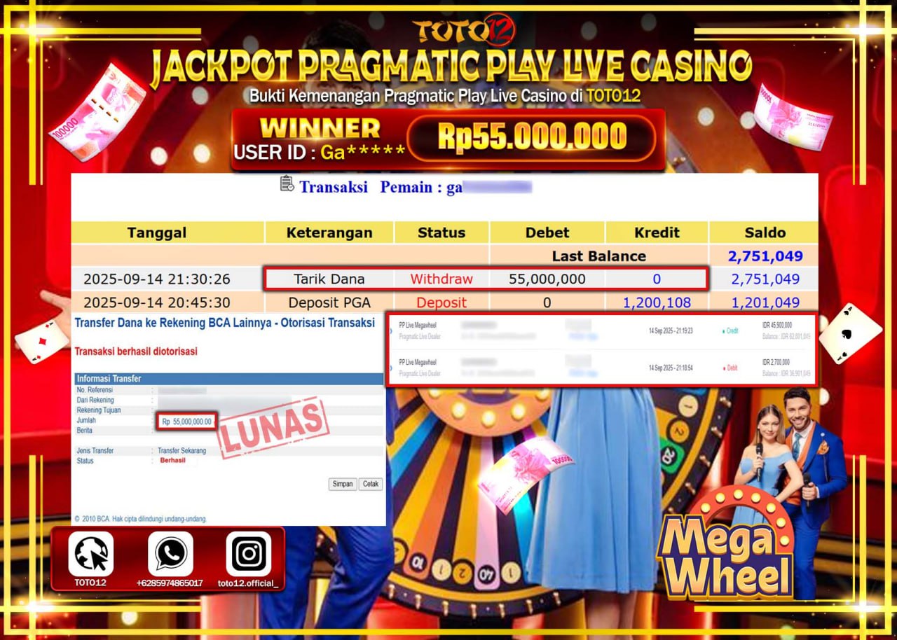 HANYA DI TOTO12 JP PASTI DI BAYAR LUNAS DAN CEPAT!!!!!! JACKPOT PRAGMATIC PLAY LIVE CASINO (MEGA WHEEL) Rp.55.000.000 !!!!