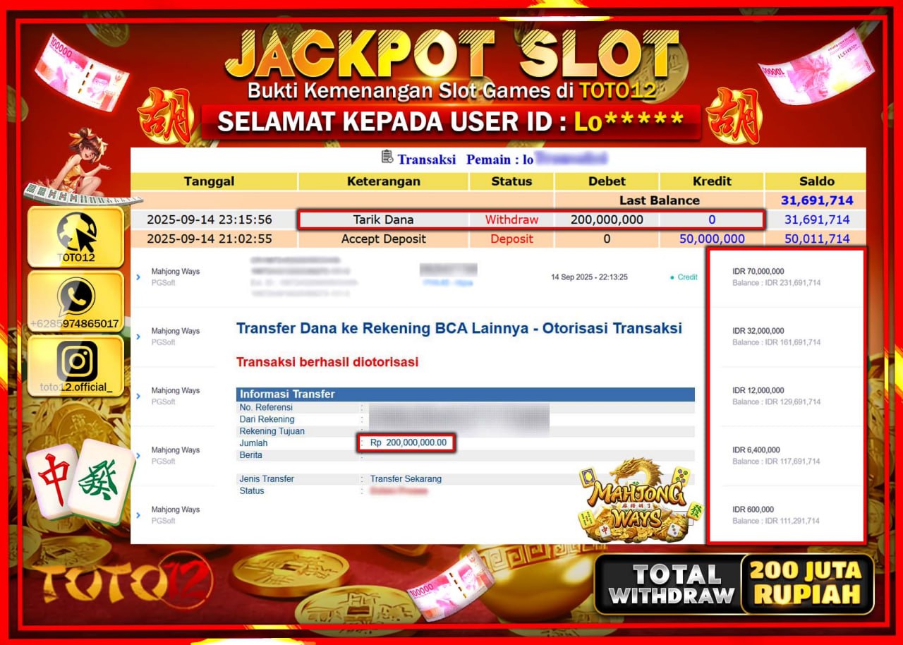 HANYA DI TOTO12 JP PASTI DI BAYAR LUNAS DAN CEPAT!!!!!! JACKPOT SLOT GAME (MAHJONG WAYS) Rp.200.000.000 !!!!