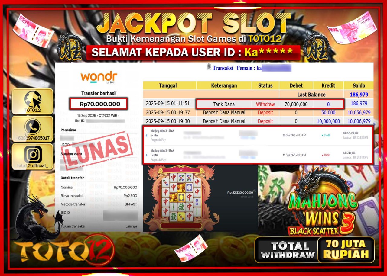 HANYA DI TOTO12 JP PASTI DI BAYAR LUNAS DAN CEPAT!!!!!! JACKPOT SLOT GAME (MAHJONG WINS 3 BLACK SCATTER) Rp.70.000.000 !!!!