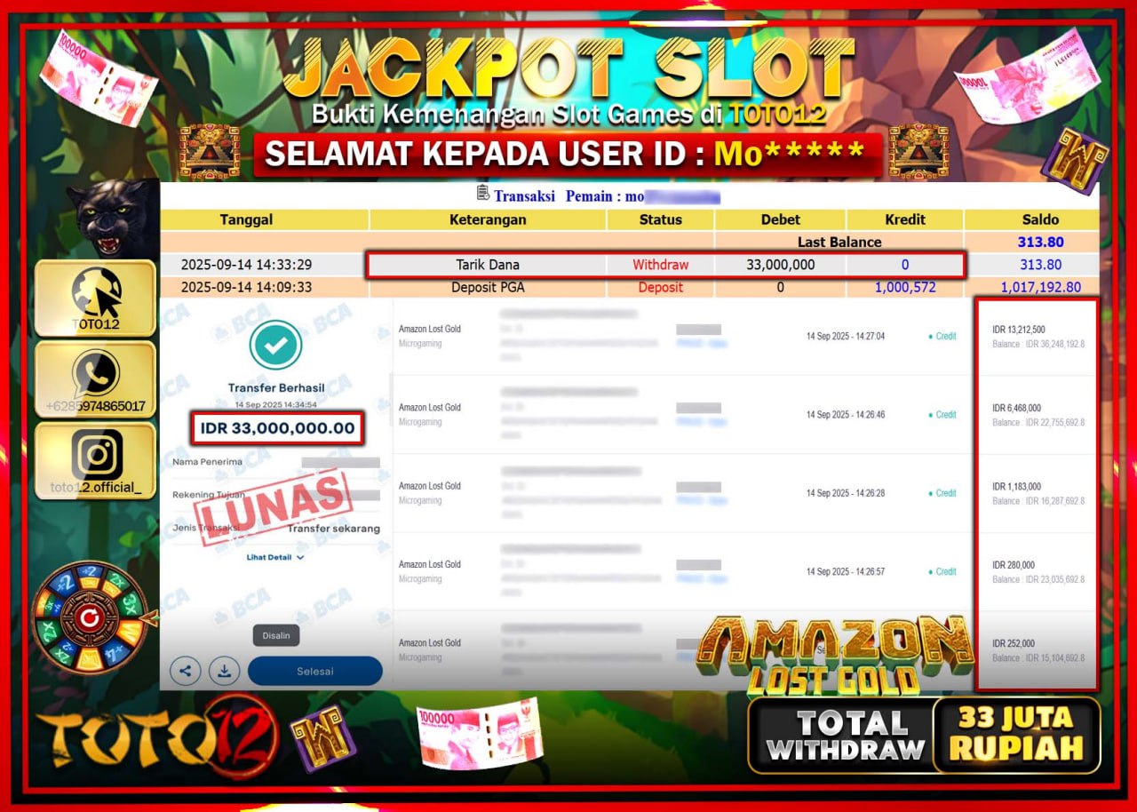 HANYA DI TOTO12 JP PASTI DI BAYAR LUNAS DAN CEPAT!!!!!! JACKPOT SLOT GAME (AMAZON LOST GOLD) Rp.33.000.000 !!!!