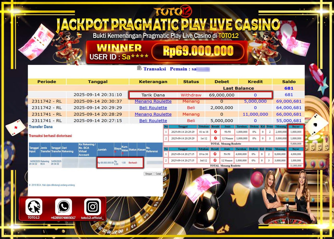 HANYA DI TOTO12 JP PASTI DI BAYAR LUNAS DAN CEPAT!!!!!! JACKPOT PRAGMATIC PLAY LIVE CASINO (ROULETTE) Rp.69.000.000 !!!!