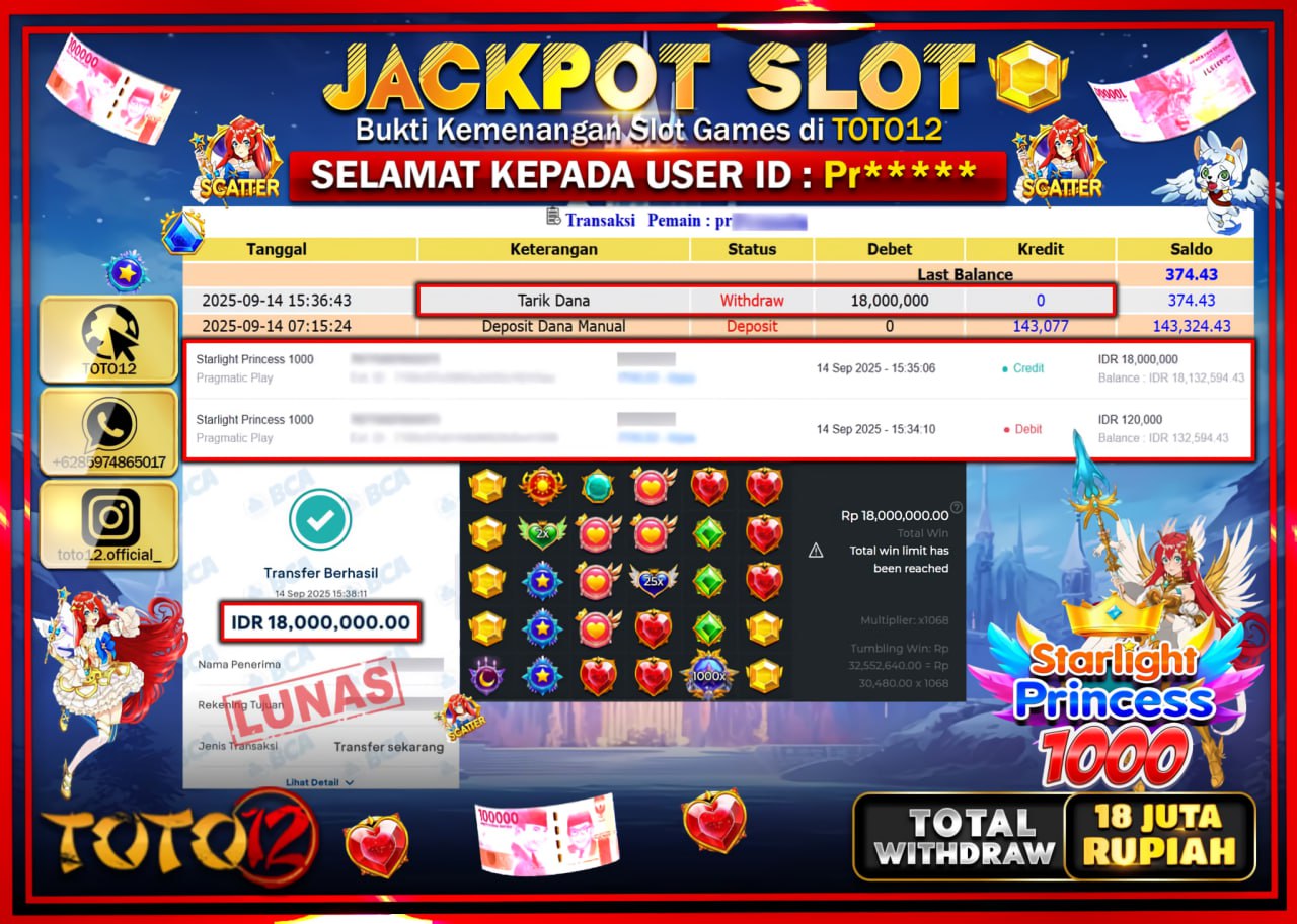 HANYA DI TOTO12 JP PASTI DI BAYAR LUNAS DAN CEPAT!!!!!! JACKPOT SLOT GAME (STARLIGHT PRINCESS 1000) Rp.18.000.000 !!!!