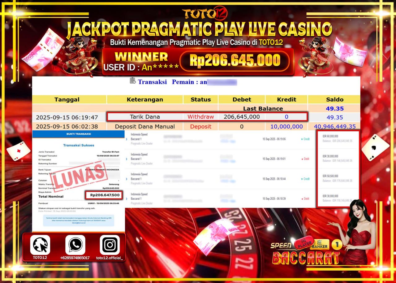 HANYA DI TOTO12 JP PASTI DI BAYAR LUNAS DAN CEPAT!!!!!! JACKPOT PRAGMATIC PLAY LIVE CASINO (INDONESIA SPEED BACCARAT 1) Rp.206.645.000 !!!!