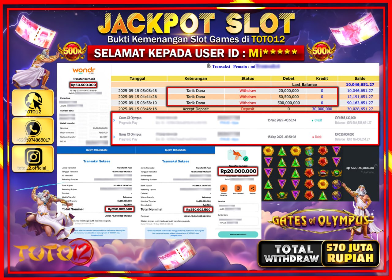 HANYA DI TOTO12 JP PASTI DI BAYAR LUNAS DAN CEPAT!!!!!! JACKPOT SLOT GAME (GATES OF OLYMPUS) Rp.570.500.000 !!!!