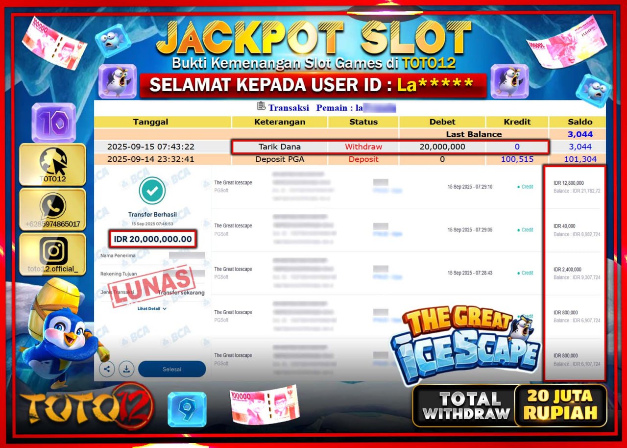 HANYA DI TOTO12 JP PASTI DI BAYAR LUNAS DAN CEPAT!!!!!! JACKPOT SLOT GAME (THE GREAT ICESCAPE) Rp.20.000.000 !!!!