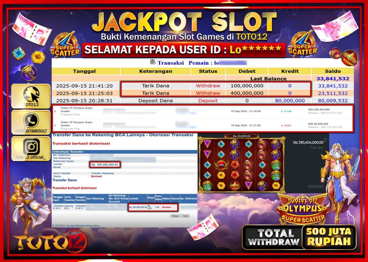 HANYA DI TOTO12 JP PASTI DI BAYAR LUNAS DAN CEPAT!!!!!! JACKPOT SLOT GAME (GATES OF OLYMPUS SUPER SCATTER) Rp.500.000.000 !!!!