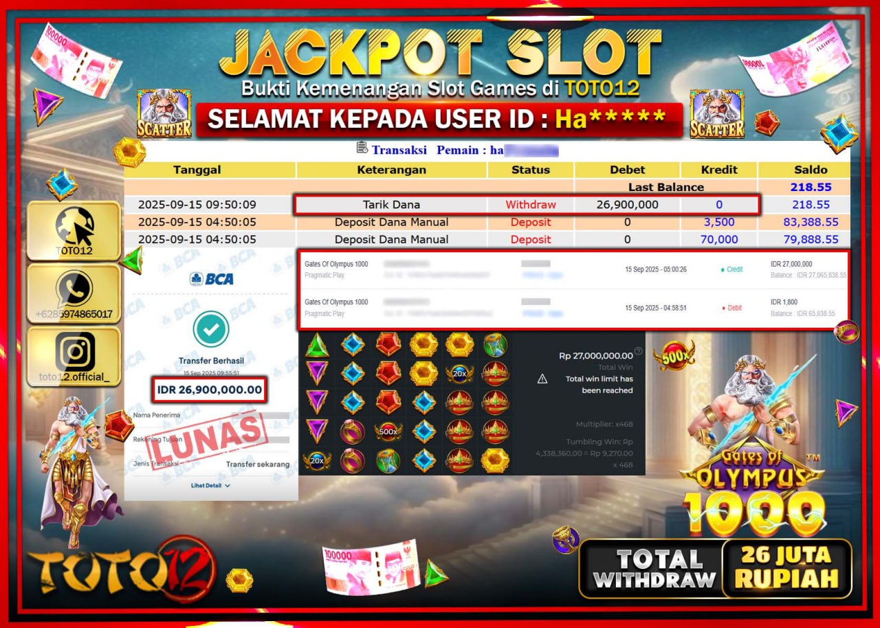 HANYA DI TOTO12 JP PASTI DI BAYAR LUNAS DAN CEPAT!!!!!! JACKPOT SLOT GAME (GATES OF OLYMPUS 1000) Rp.26.900.000 !!!!