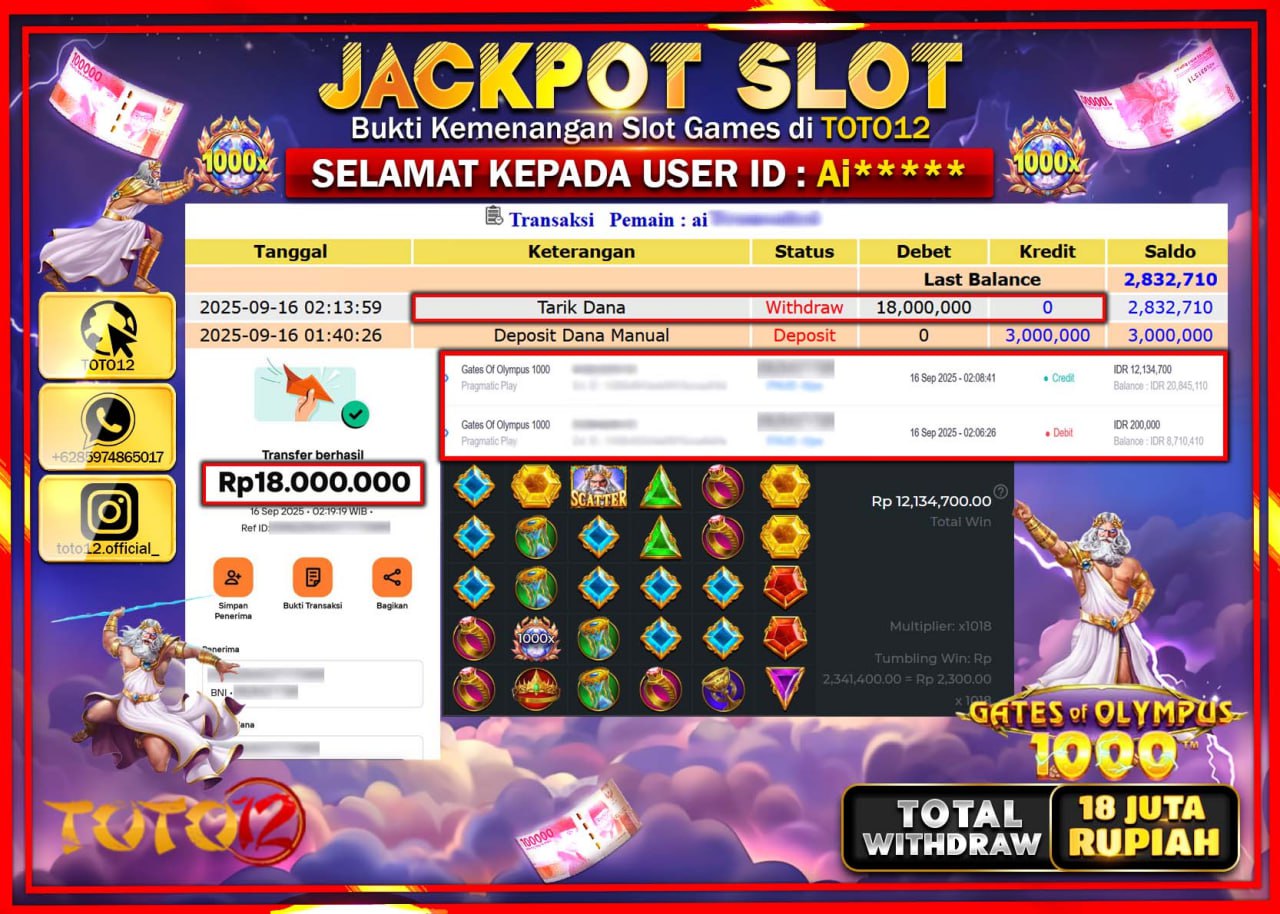 HANYA DI TOTO12 JP PASTI DI BAYAR LUNAS DAN CEPAT!!!!!! JACKPOT SLOT GAME (GATES OF OLYMPUS 1000) Rp.18.000.000 !!!!