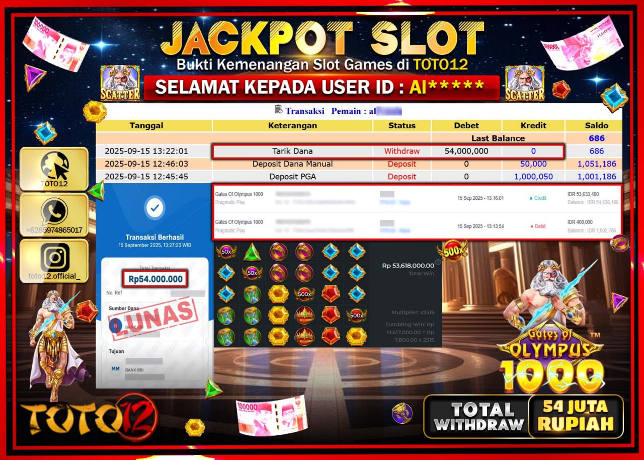 HANYA DI TOTO12 JP PASTI DI BAYAR LUNAS DAN CEPAT!!!!!! JACKPOT SLOT GAME (GATES OF OLYMPUS 1000) Rp.54.000.000 !!!!
