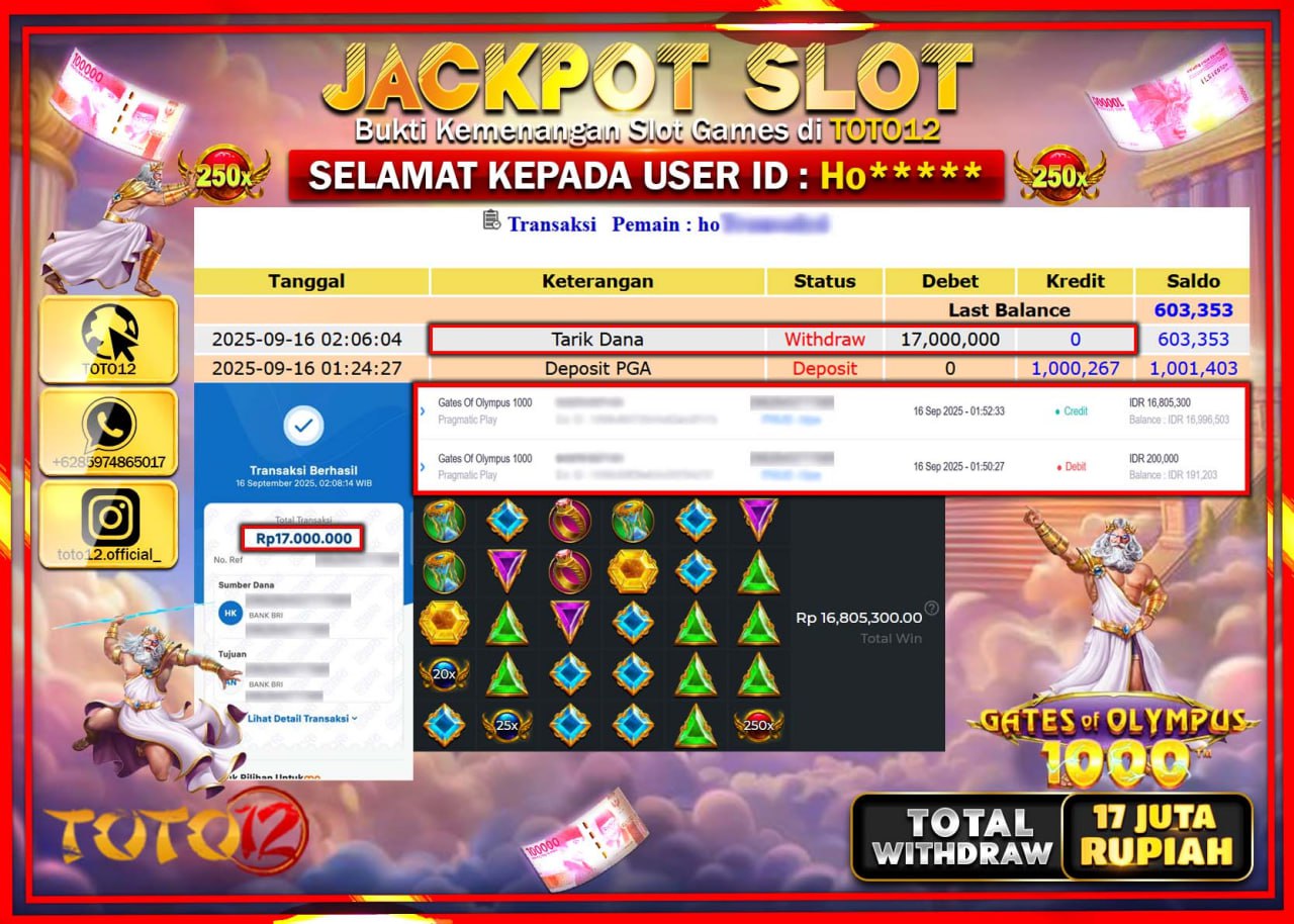 HANYA DI TOTO12 JP PASTI DI BAYAR LUNAS DAN CEPAT!!!!!! JACKPOT SLOT GAME (GATES OF OLYMPUS 1000) Rp.17.000.000 !!!!