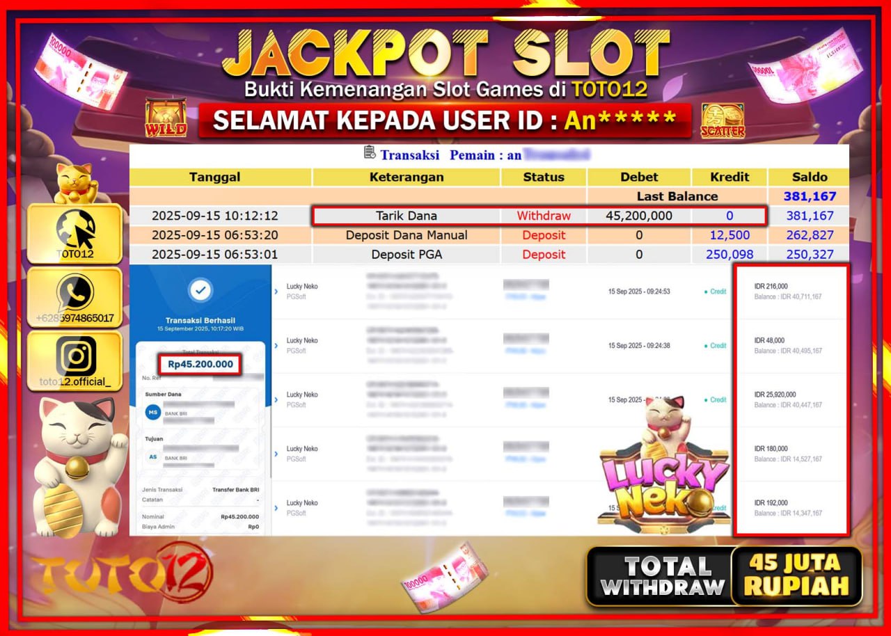 HANYA DI TOTO12 JP PASTI DI BAYAR LUNAS DAN CEPAT!!!!!! JACKPOT SLOT GAME (LUCKY NEKO) Rp.45.200.000 !!!!
