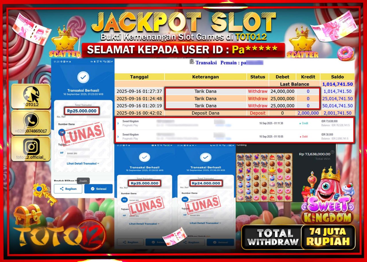 HANYA DI TOTO12 JP PASTI DI BAYAR LUNAS DAN CEPAT!!!!!! JACKPOT SLOT GAME (SWEET KINGDOM) Rp.74.000.000 !!!!