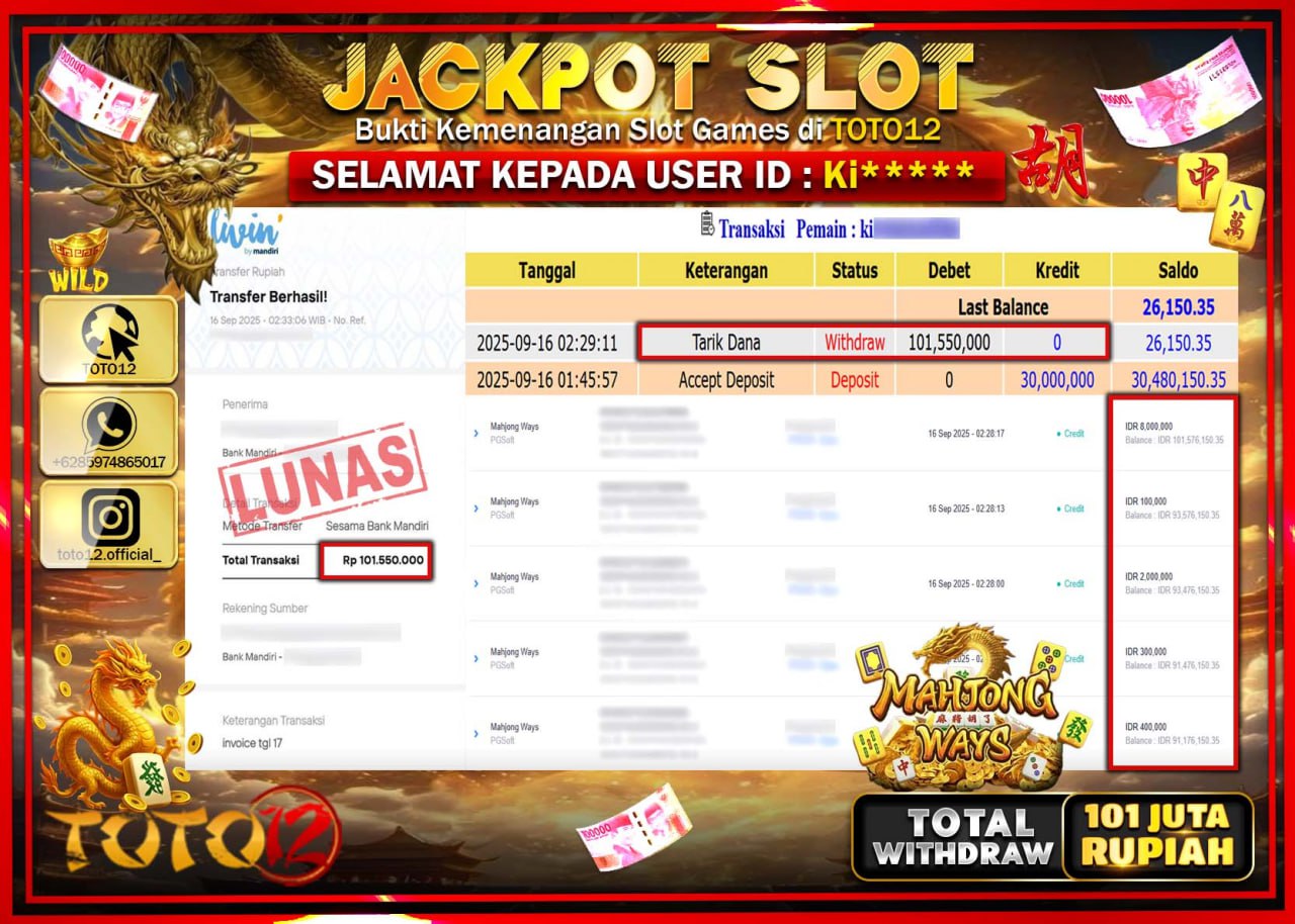 HANYA DI TOTO12 JP PASTI DI BAYAR LUNAS DAN CEPAT!!!!!! JACKPOT SLOT GAME (MAHJONG WAYS) Rp.101.550.000 !!!!