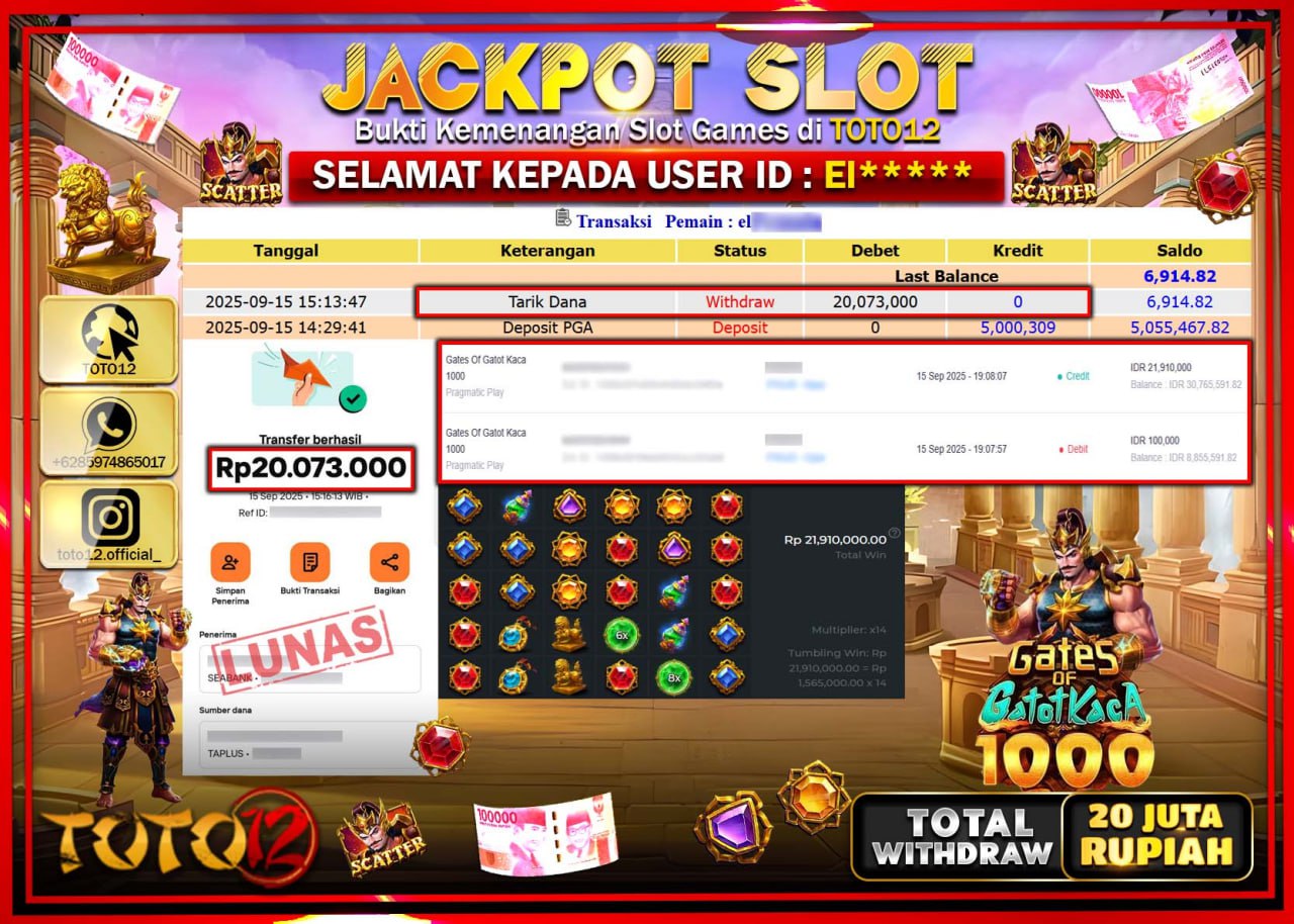 HANYA DI TOTO12 JP PASTI DI BAYAR LUNAS DAN CEPAT!!!!!! JACKPOT SLOT GAME (GATES OF GATOT KACA 1000) Rp.20.073.000 !!!!