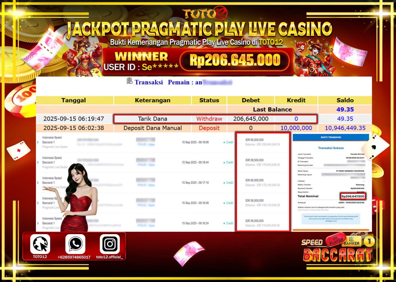 HANYA DI TOTO12 JP PASTI DI BAYAR LUNAS DAN CEPAT!!!!!! JACKPOT PRAGMATIC PLAY LIVE CASINO (INDONESIA SPEED BACCARAT 1) Rp.206.465.000 !!!!