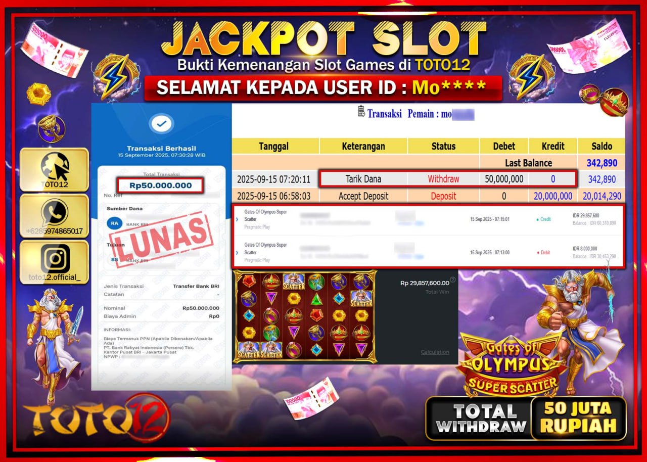 HANYA DI TOTO12 JP PASTI DI BAYAR LUNAS DAN CEPAT!!!!!! JACKPOT SLOT GAME (GATES OF OLYMPUS SUPER SCATTER) Rp.50.000.000 !!!!