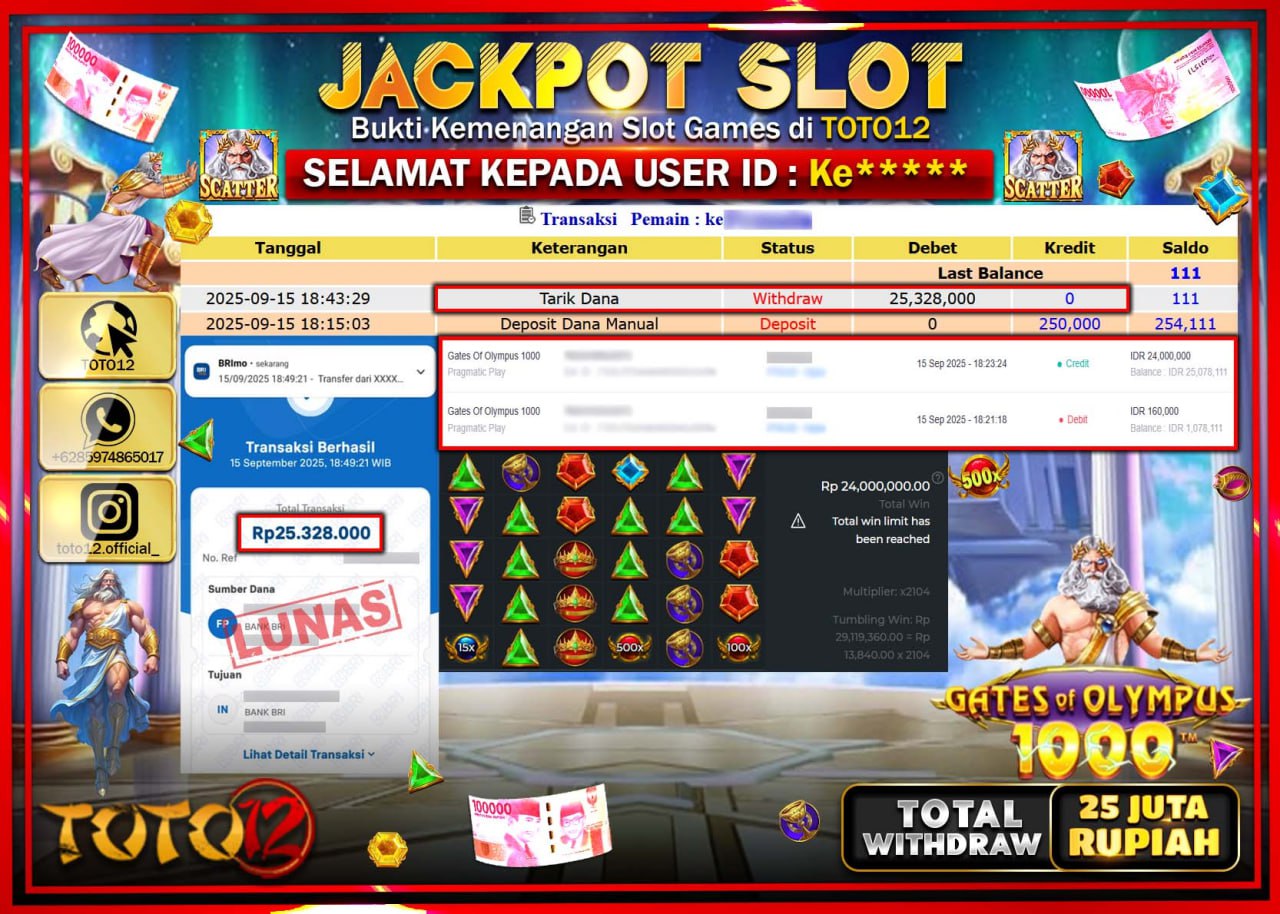 HANYA DI TOTO12 JP PASTI DI BAYAR LUNAS DAN CEPAT!!!!!! JACKPOT SLOT GAME (GATES OF OLYMPUS 1000) Rp.25.328.000 !!!!