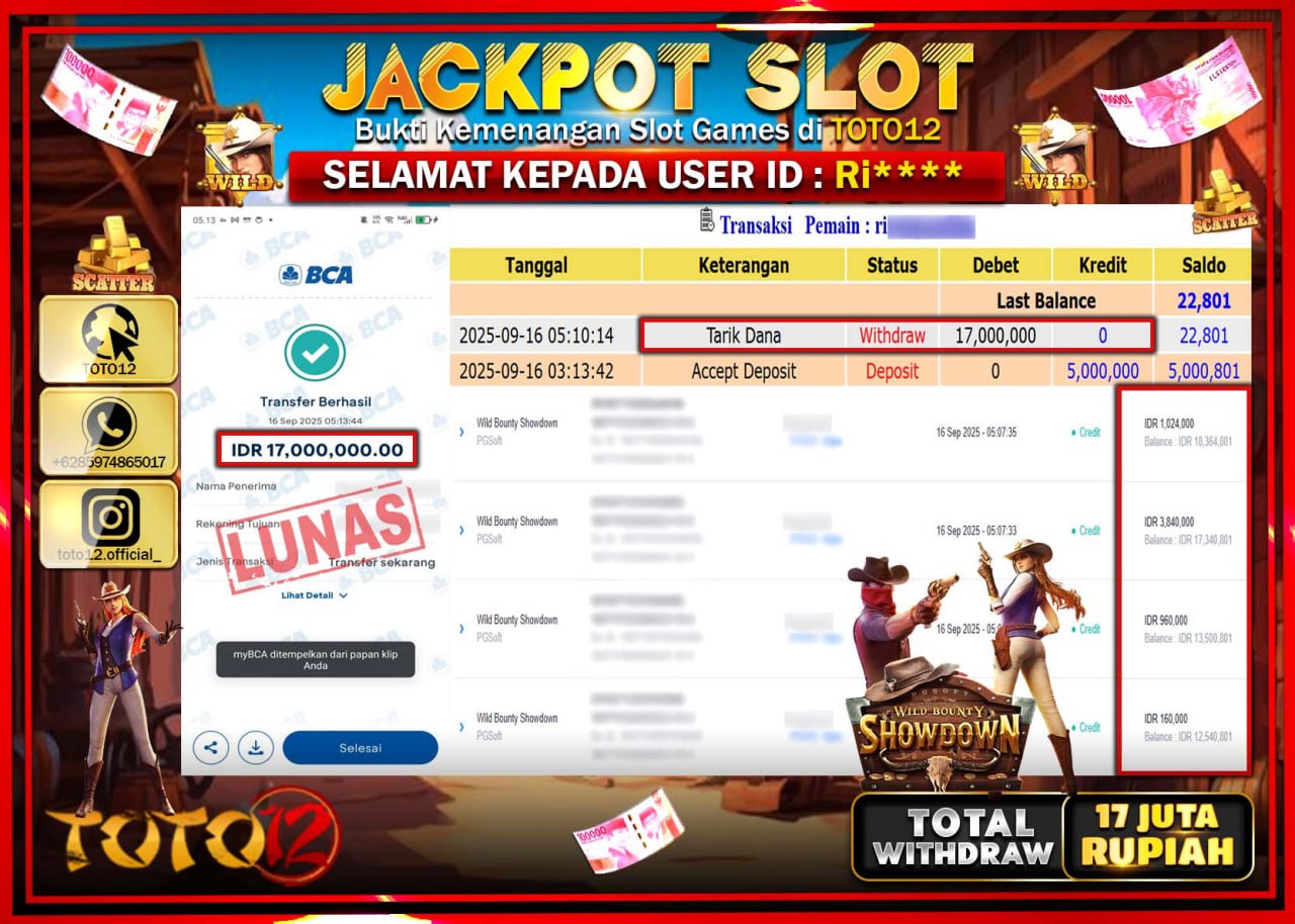 HANYA DI TOTO12 JP PASTI DI BAYAR LUNAS DAN CEPAT!!!!!! JACKPOT SLOT GAME (WILD BOUNTY SHOWDOWN) Rp.17.000.000 !!!!