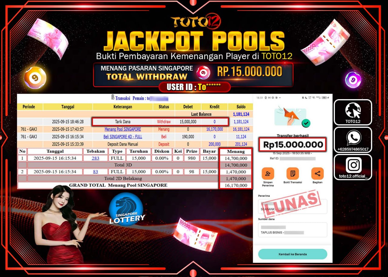 HANYA DI TOTO12 JP PASTI DI BAYAR LUNAS DAN CEPAT!!!!!! JACKPOT POOLS PASARAN (SINGAPORE) Rp.15.000.000 !!!!